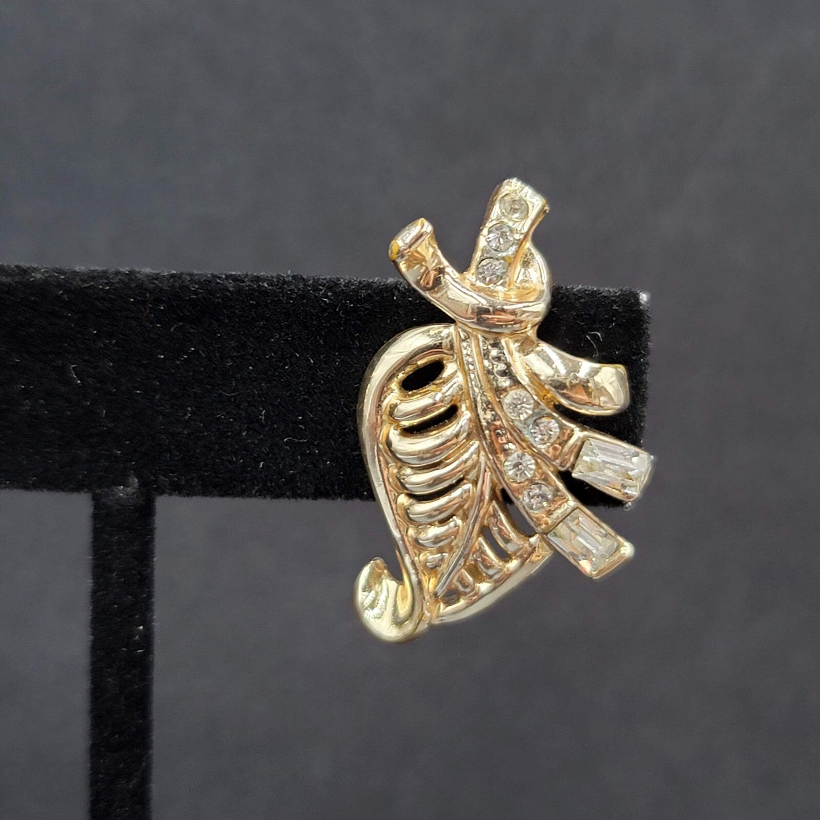 Vintage Clip on Earrings Gold tone Rhinestone Leaf Design Drop Screw Back 1.25"