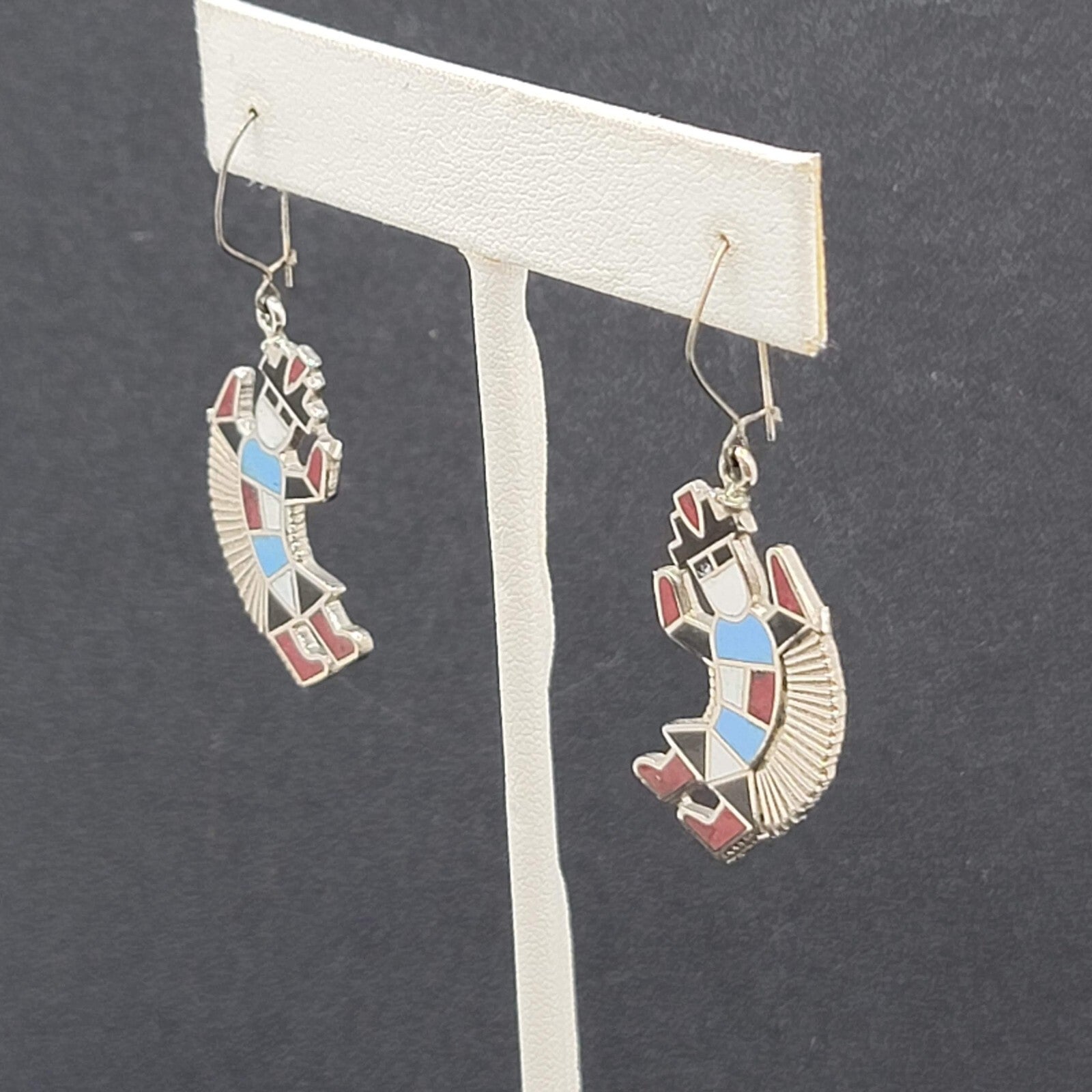 Pierced Earrings  Silver tone Southwestern Dancing Kachina Enamel 1.25"