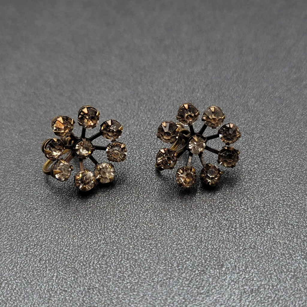 Vintage Clip on Earrings Screw Back Gray Rhinestones 3/4"