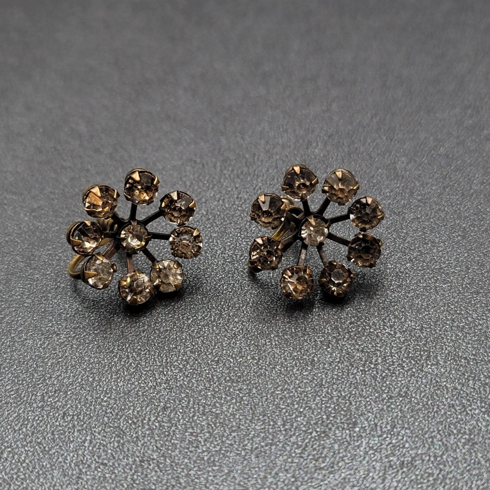 Vintage Clip on Earrings Screw Back Gray Rhinestones 3/4"
