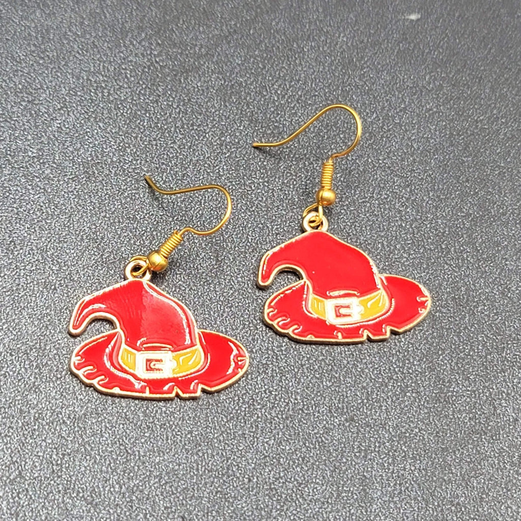 Halloween Pierced Earrings Red Witches Hat Enamel Gold tone Enamel Dangle 7/8