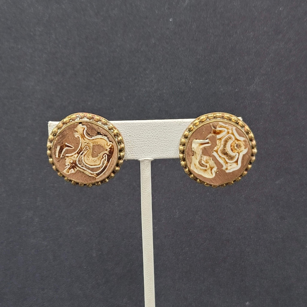 Vintage Clip on Earrings Brass Wood Stone Inlay Unique Discs  1"
