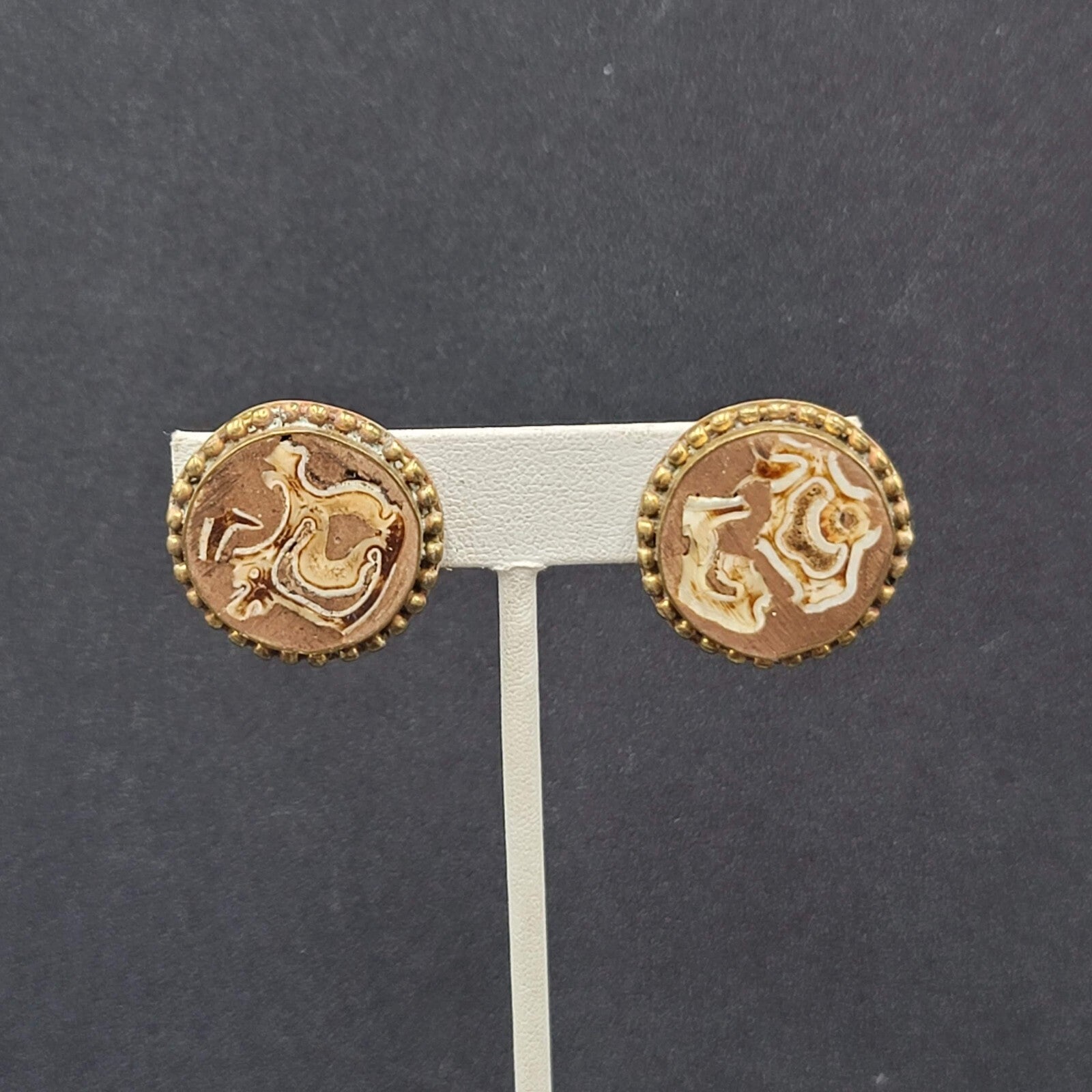 Vintage Clip on Earrings Brass Wood Stone Inlay Unique Discs  1"