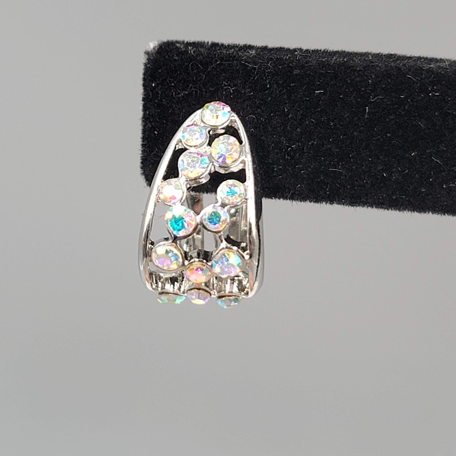 Clip on Earrings Silver tone AB Rhinestones Half Hoop Drop  3/4"