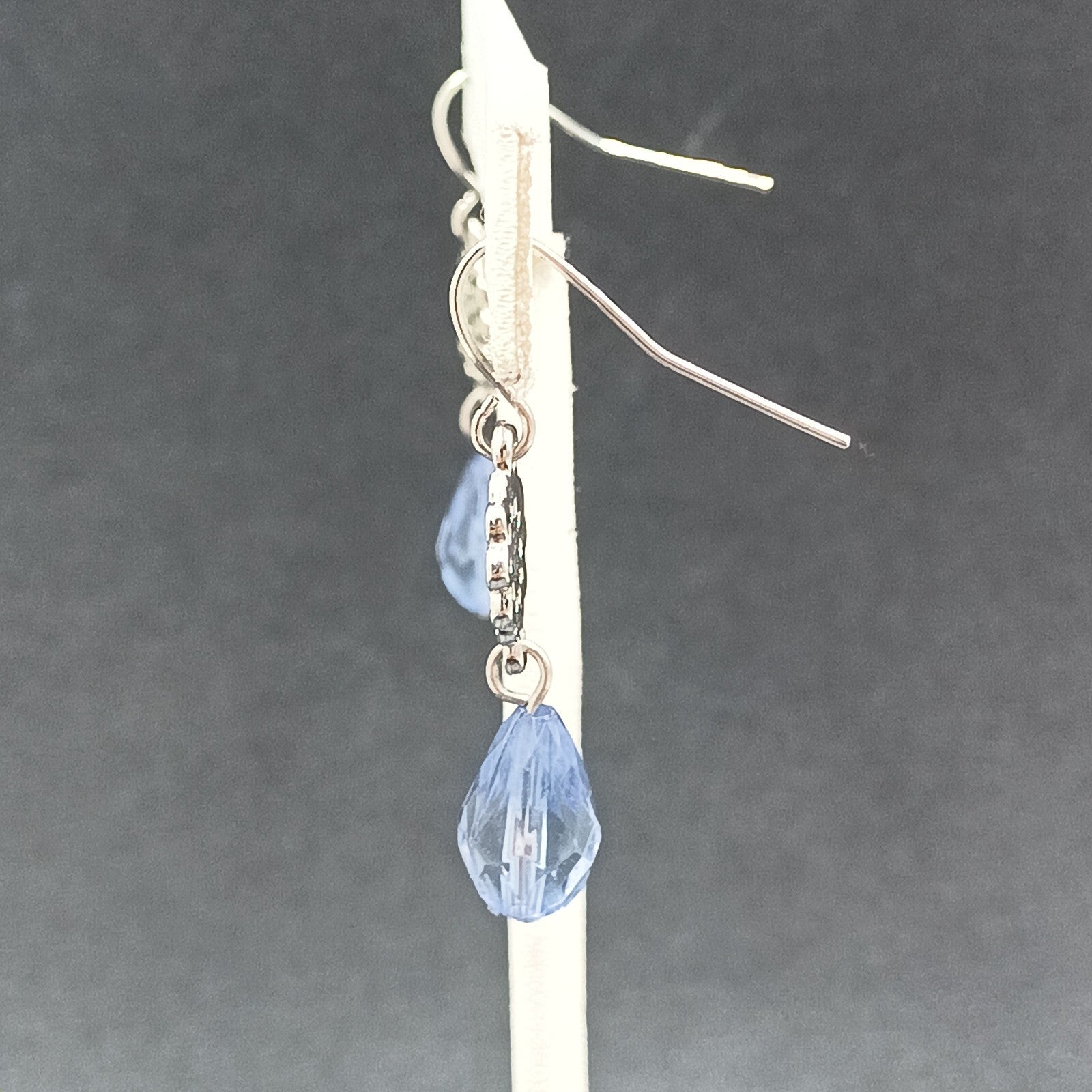 Pierced Earrings Silver tone Open Work Blue Faceted Glass Bead Dangle 1 1/4"
