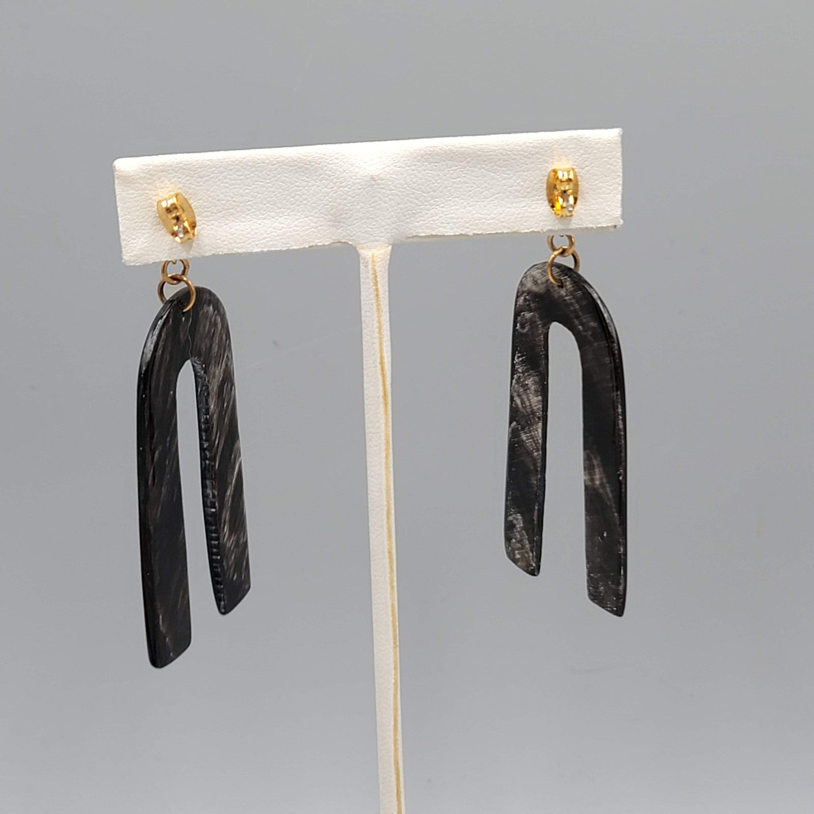 Carved Horn Statement Pierced Earrings Gold tone Dangle 2.5 in