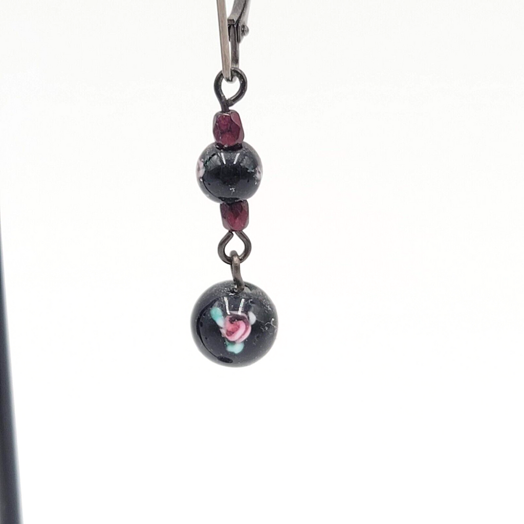 Pierced Earrings Black Metal Flower Glass Bead Dangle 1"