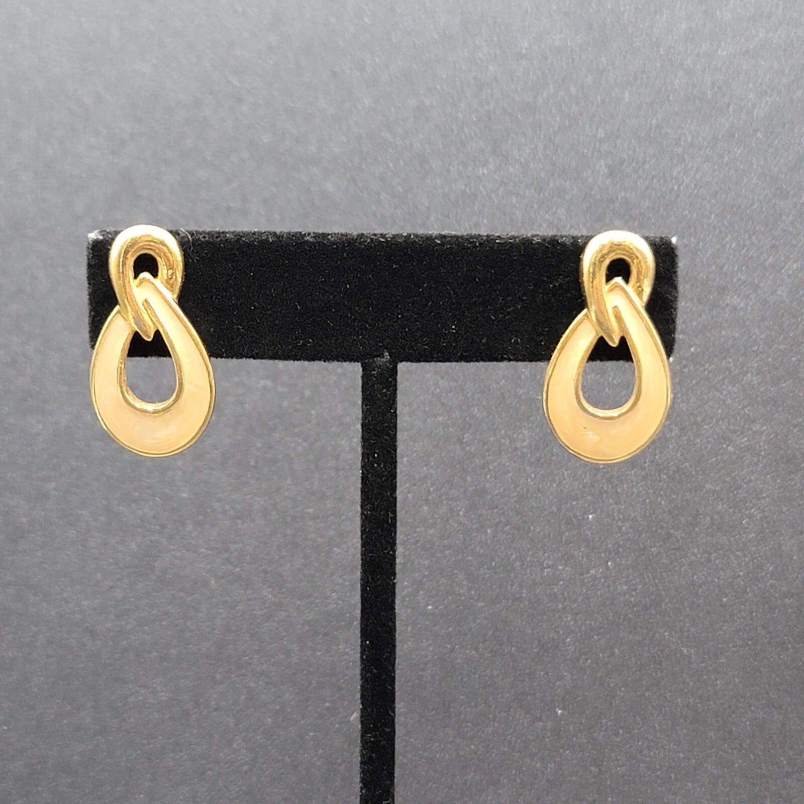 Vintage Pierced Earrings Gold Plated Cream Enamel Drop 1"