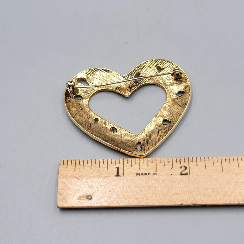 Vintage Open Heart Black Enamel Brooch Gold tone 1.75"