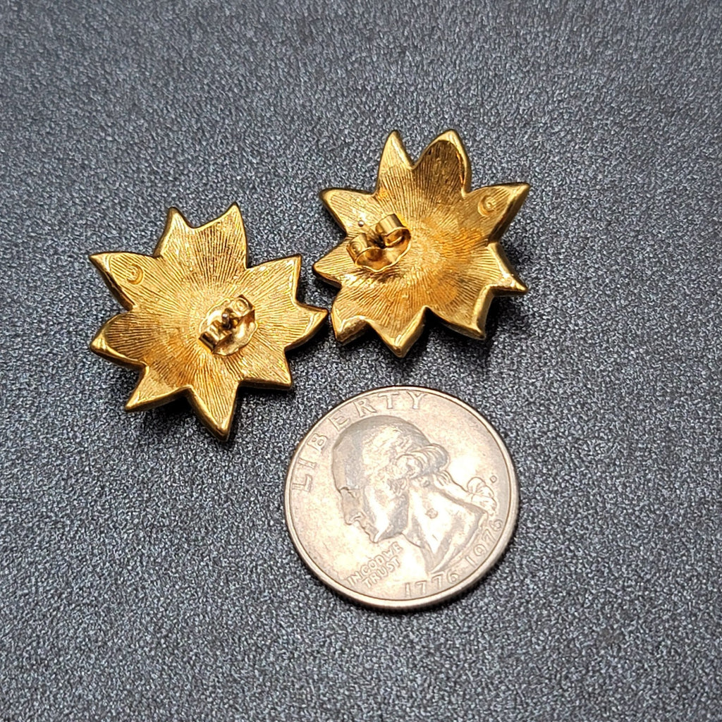 Vintage Pierced Earrings Yellow Enamel Poinsettia Flower Drop 1"