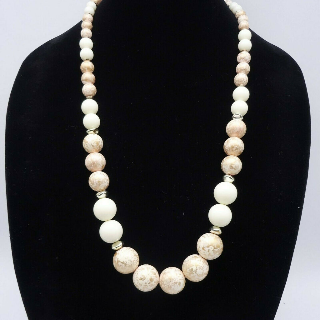 Vintage Mid Century White and Gold Graduated Bead Necklace 30 in