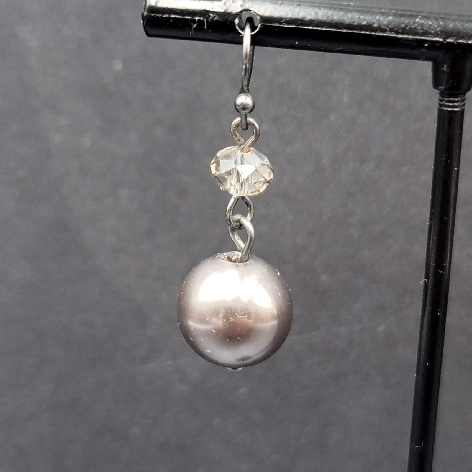 Pierced Earrings Silver tone Dark Gray Bead Dangle  1"