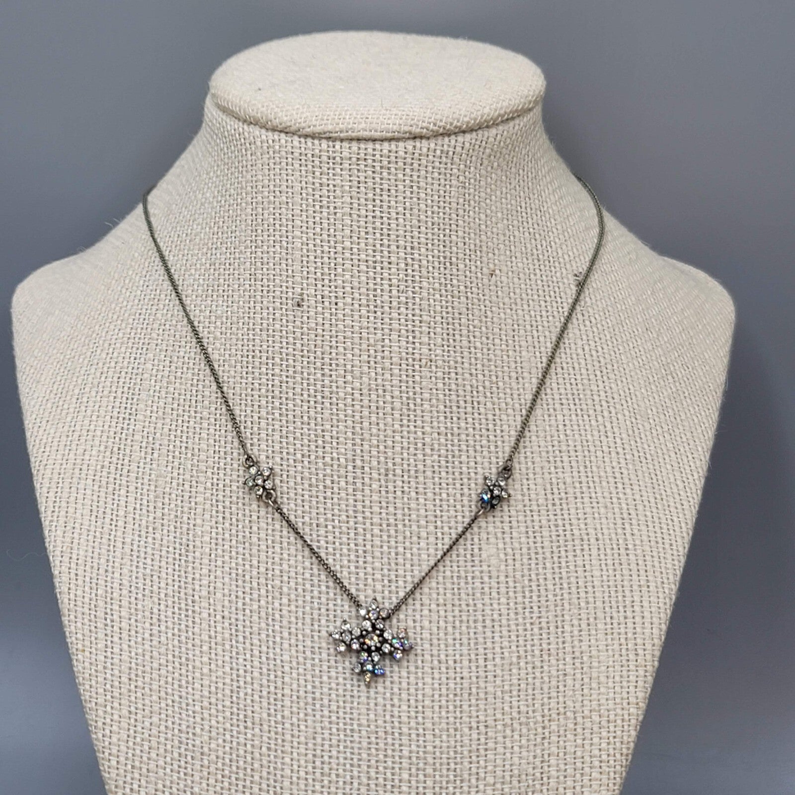 Crystal Flower Snowflake Necklace Silver tone Dainty 16"+