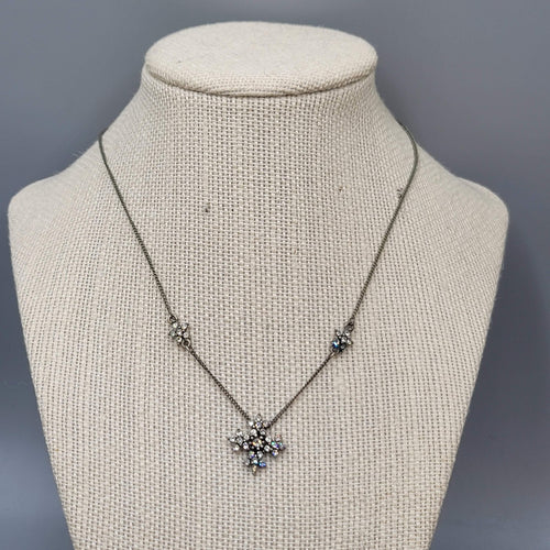 Crystal Flower Snowflake Necklace Silver tone Dainty 16"+