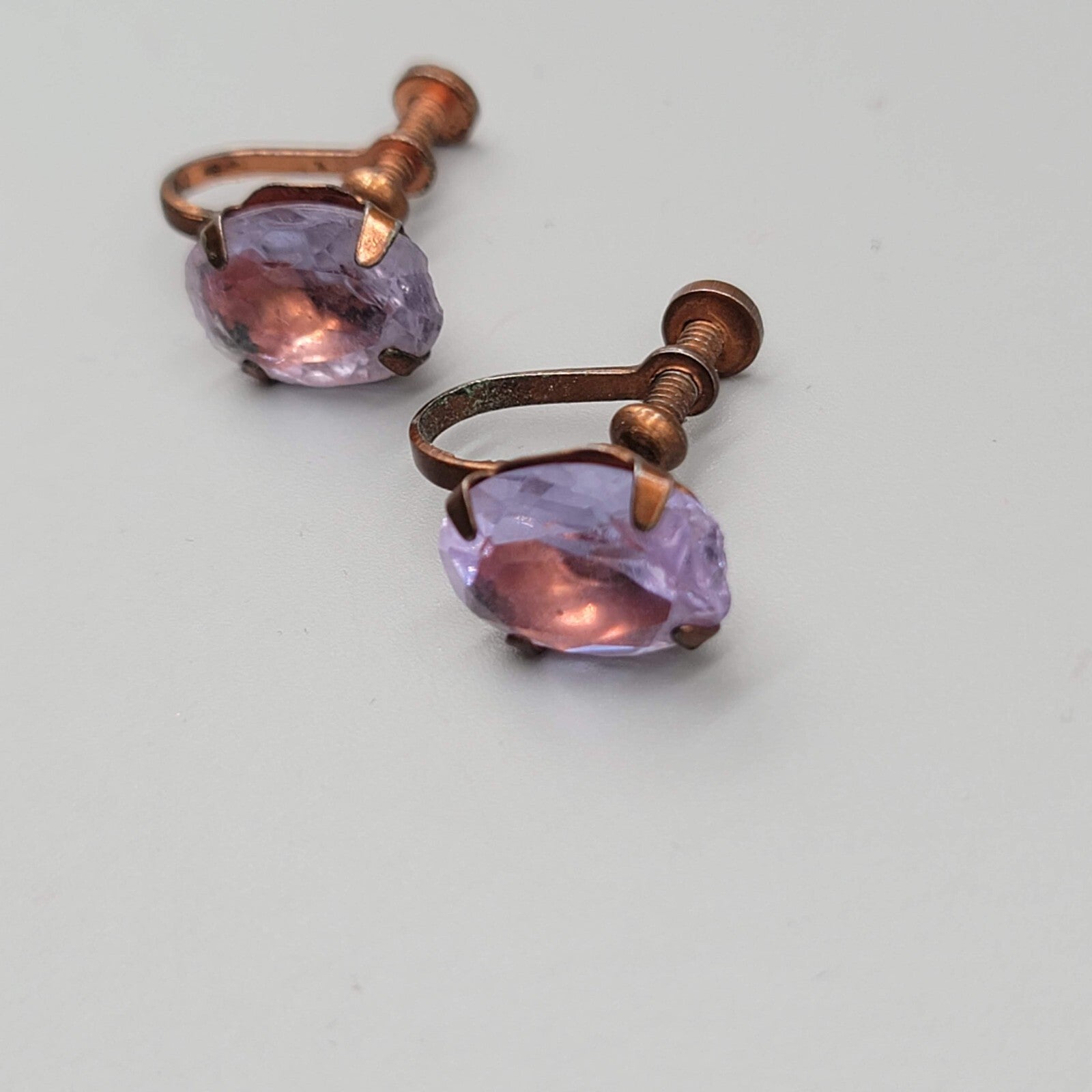 Vintage Clip on Earrings Bronze tone Purple Unknown Stud Screw Back 1/2"