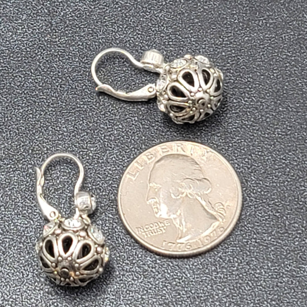 Pierced Earrings Silver tone Crystal Rhinestone Sphere Dangle 5/8" Sparkly!