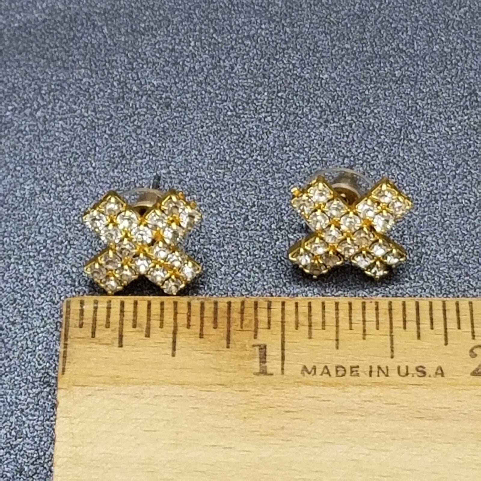Pierced Earrings Gold tone Crystal X Statement Stud 1/2"