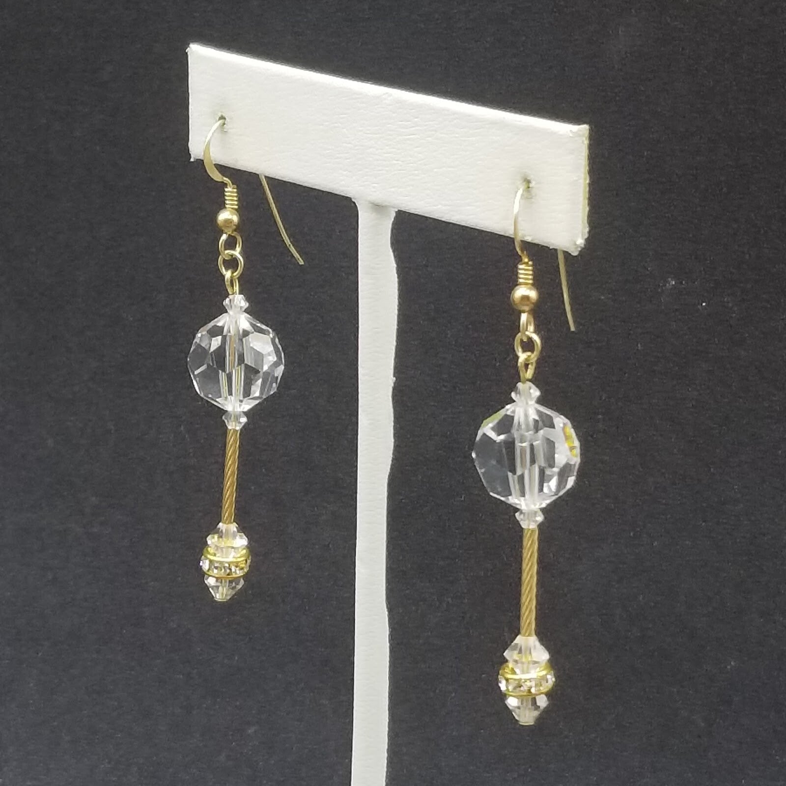 Pierced Earrings Gold tone Faceted Crystal Bead Statement Dangle 1 1/2". 4951