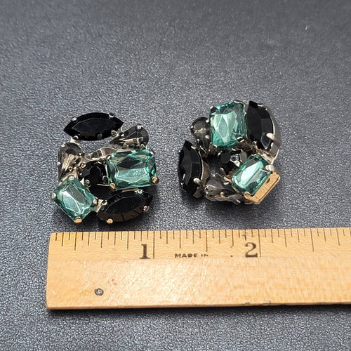 Clip on Earrings Silver tone Acrylic Green Black Statement Drop 1"