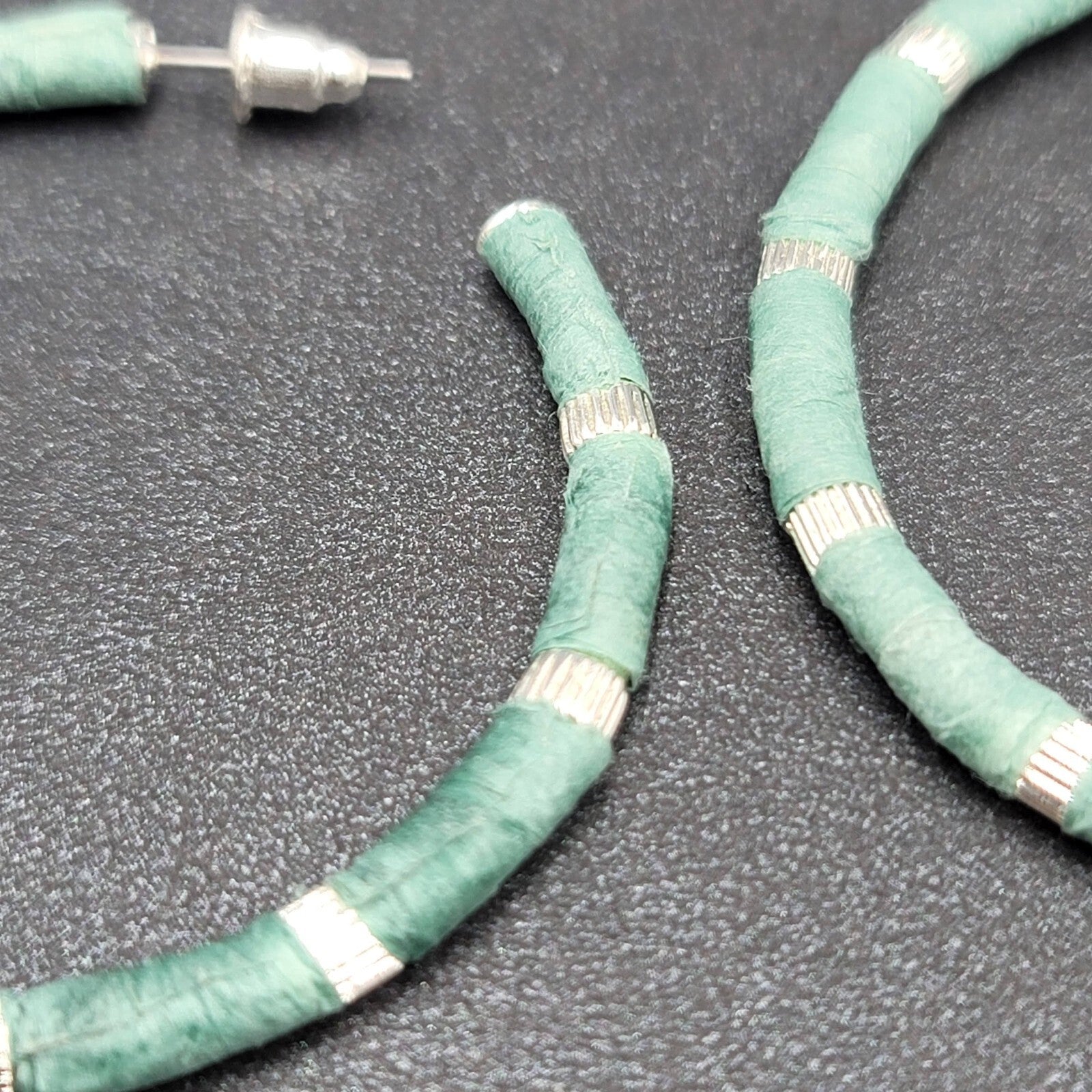 Pierced Earrings Blue Teal Raffia Wrapped Silver tone Drop Hoops 1 7/8"