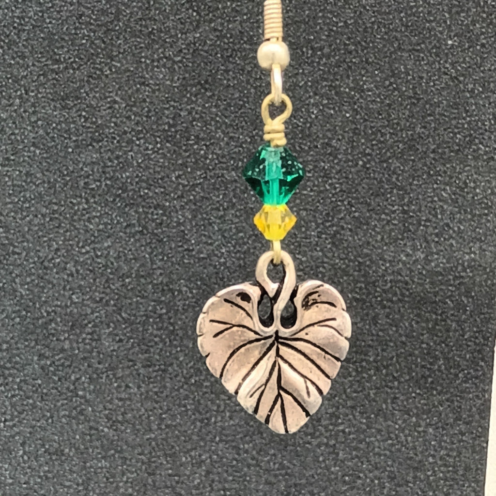 Pierced Earrings Silver tone Leaf Green Yellow Bead Dangle 1.25"