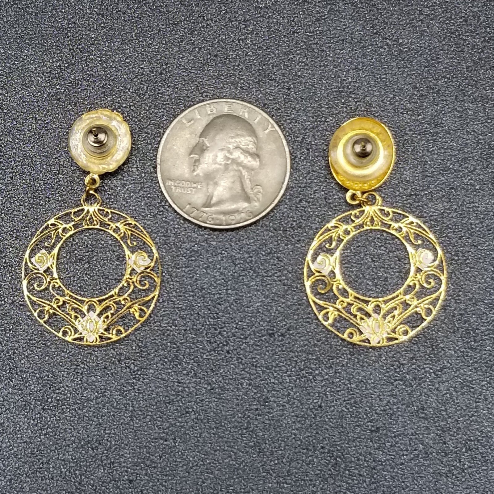 Pierced Earrings Gold tone Crystal Open Work Round Dangle 1 3/4"
