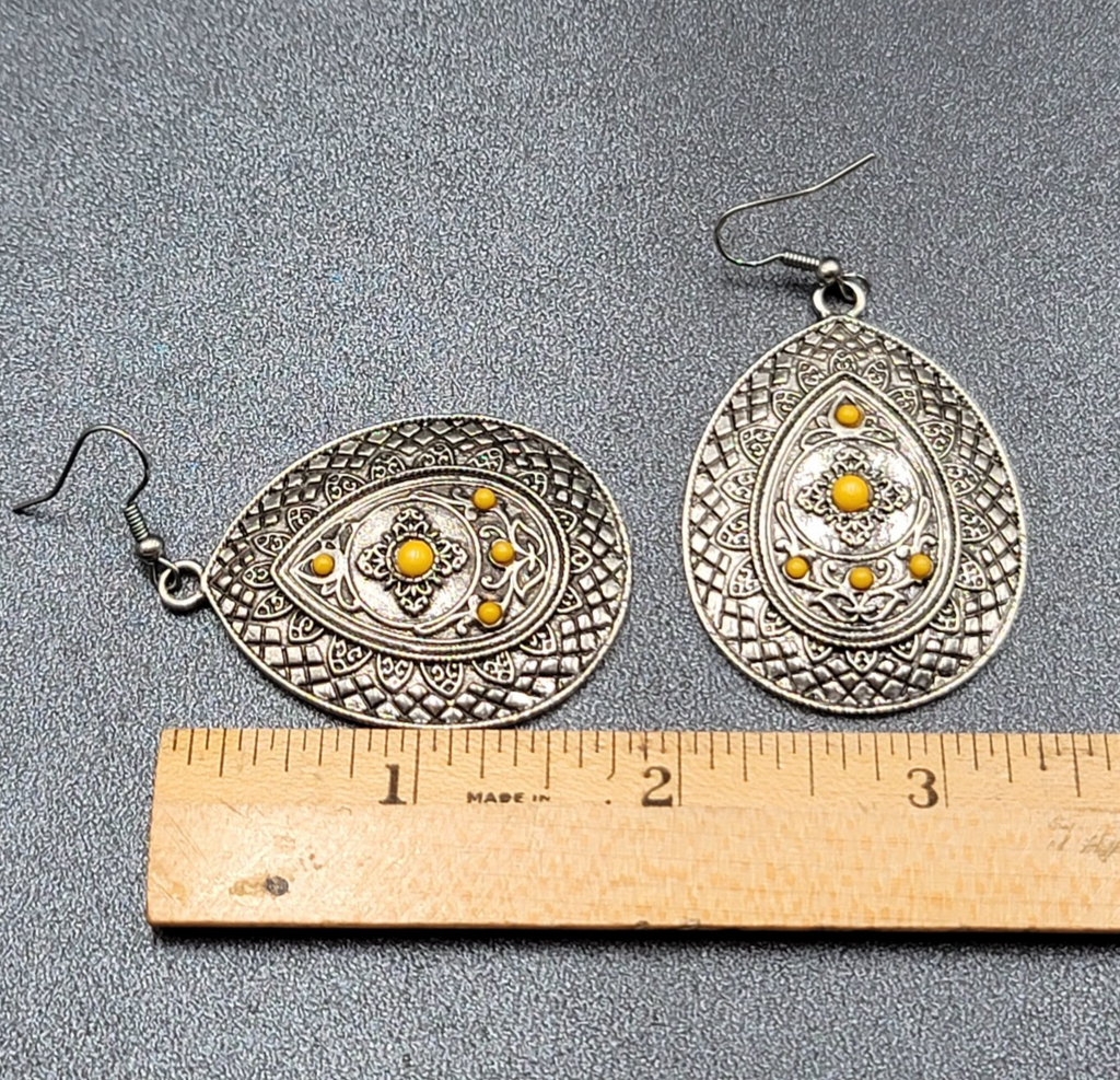 Pierced Earrings Silver tone Teardrop Medallion Yellow Accents Boho 1 7/8"