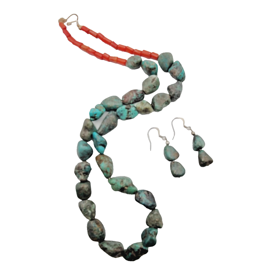 Native American Turquoise Nugget Necklace Coral Bead Matching Earrings 22 in