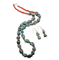 Native American Turquoise Nugget Necklace Coral Bead Matching Earrings 22 in