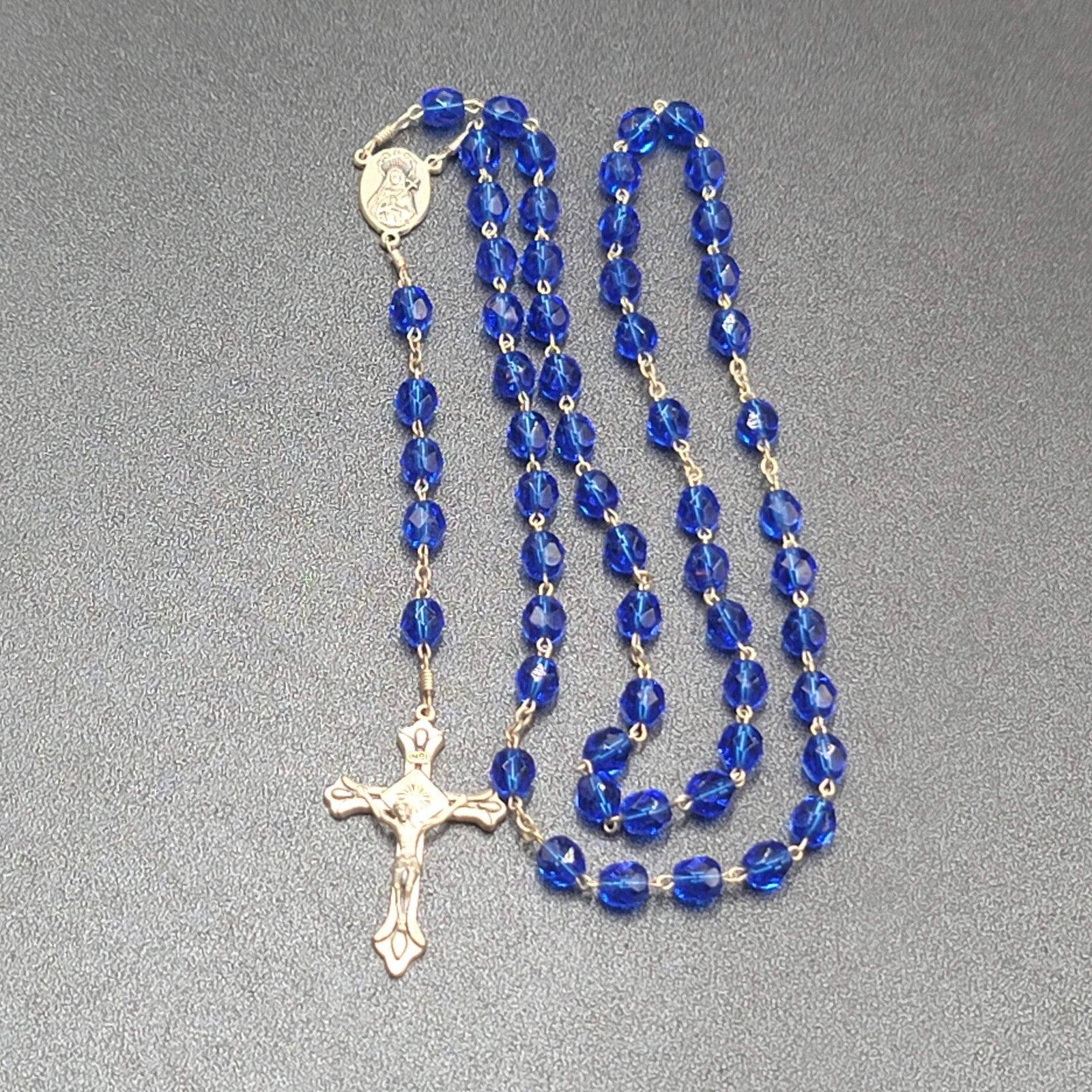 Blue Faceted Bead Catholic Rosary Crucifix Silver tone