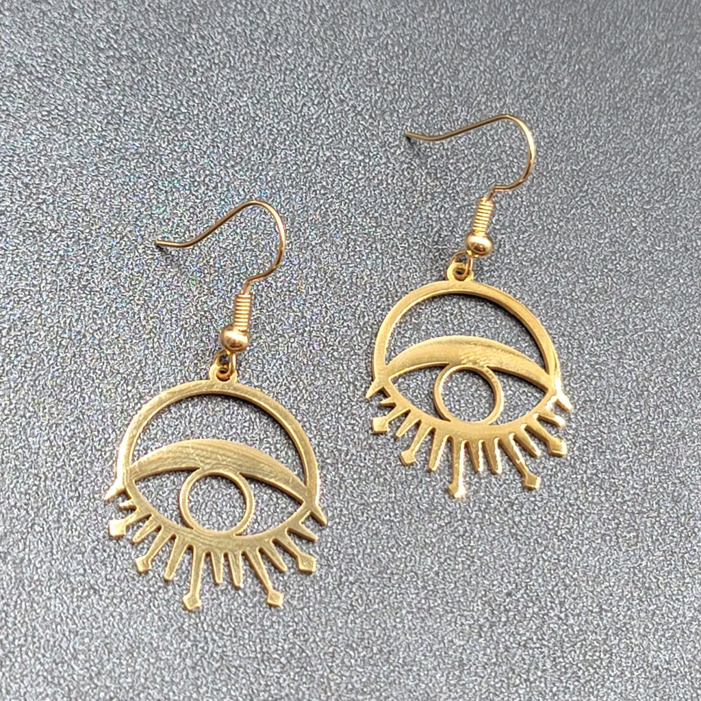 New Evil Eye Pierced Earrings Sun Rays Gold Plated Statement Dangle 1"