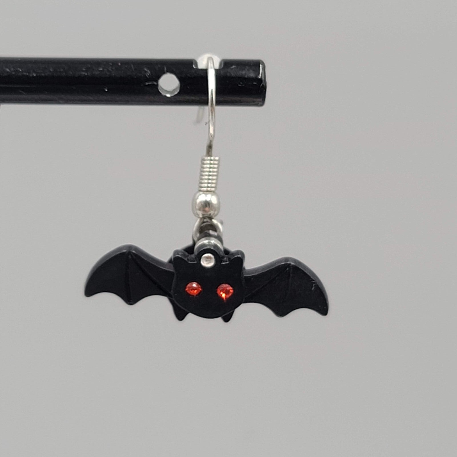 Bat Pierced Earrings Articulated Layered Dangle Red Rhinestone Eyes 1" x 1/2"