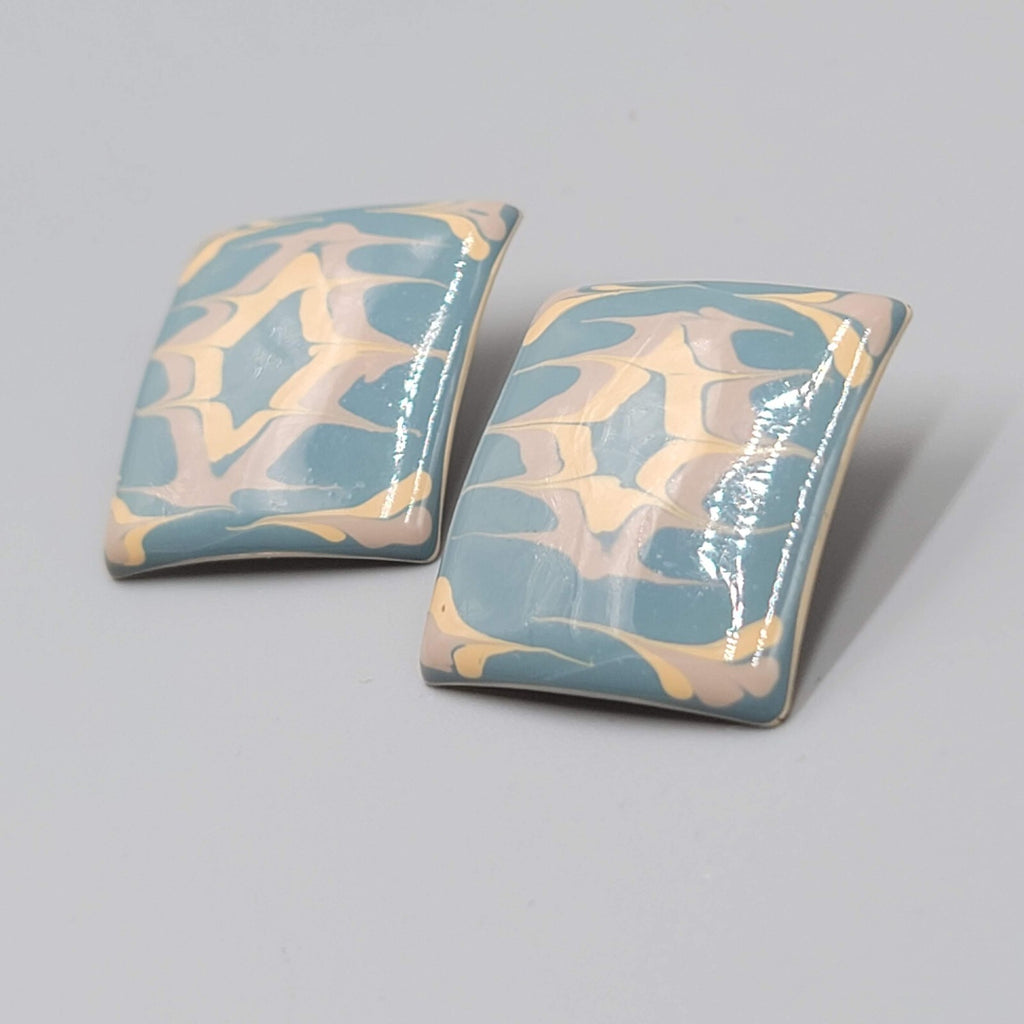 Vintage Pierced EarringsTan Blue Enamel over Metal Square Drop  1 1/8"