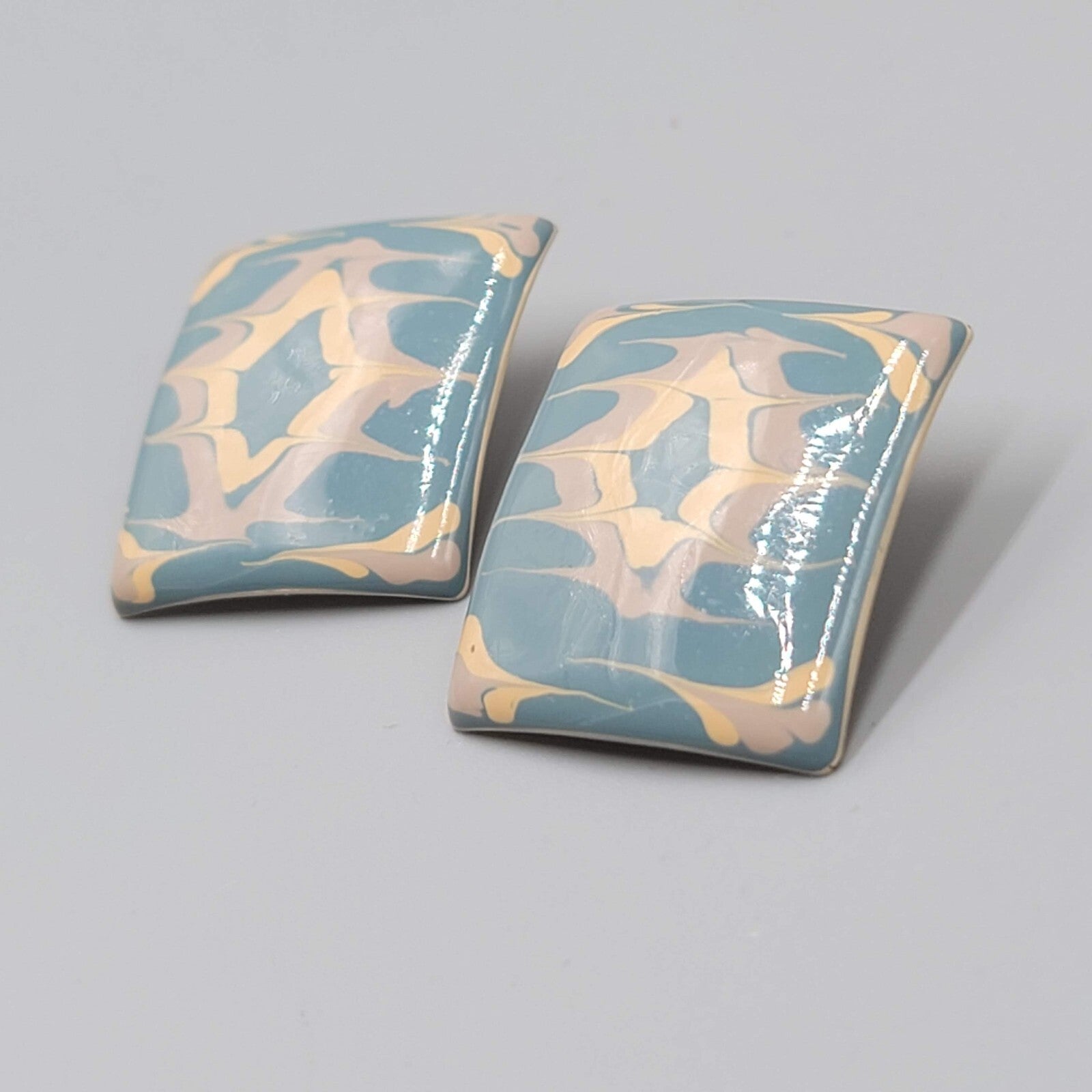 Vintage Pierced EarringsTan Blue Enamel over Metal Square Drop  1 1/8"