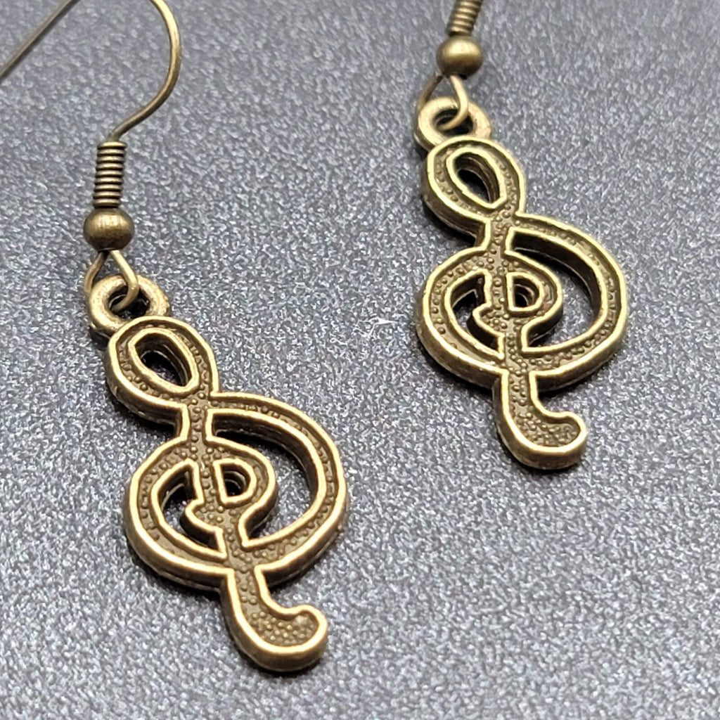 New Treble Clef Pierced Earrings Music Bronze tone Dangle 1"