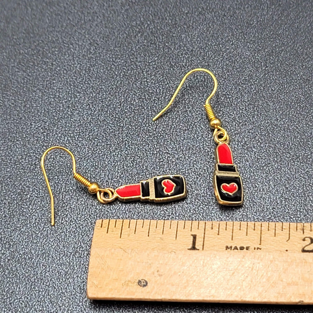 Lipstick Pierced Earrings Gold tone Red Heart Black Enamel Dangle 3/4"