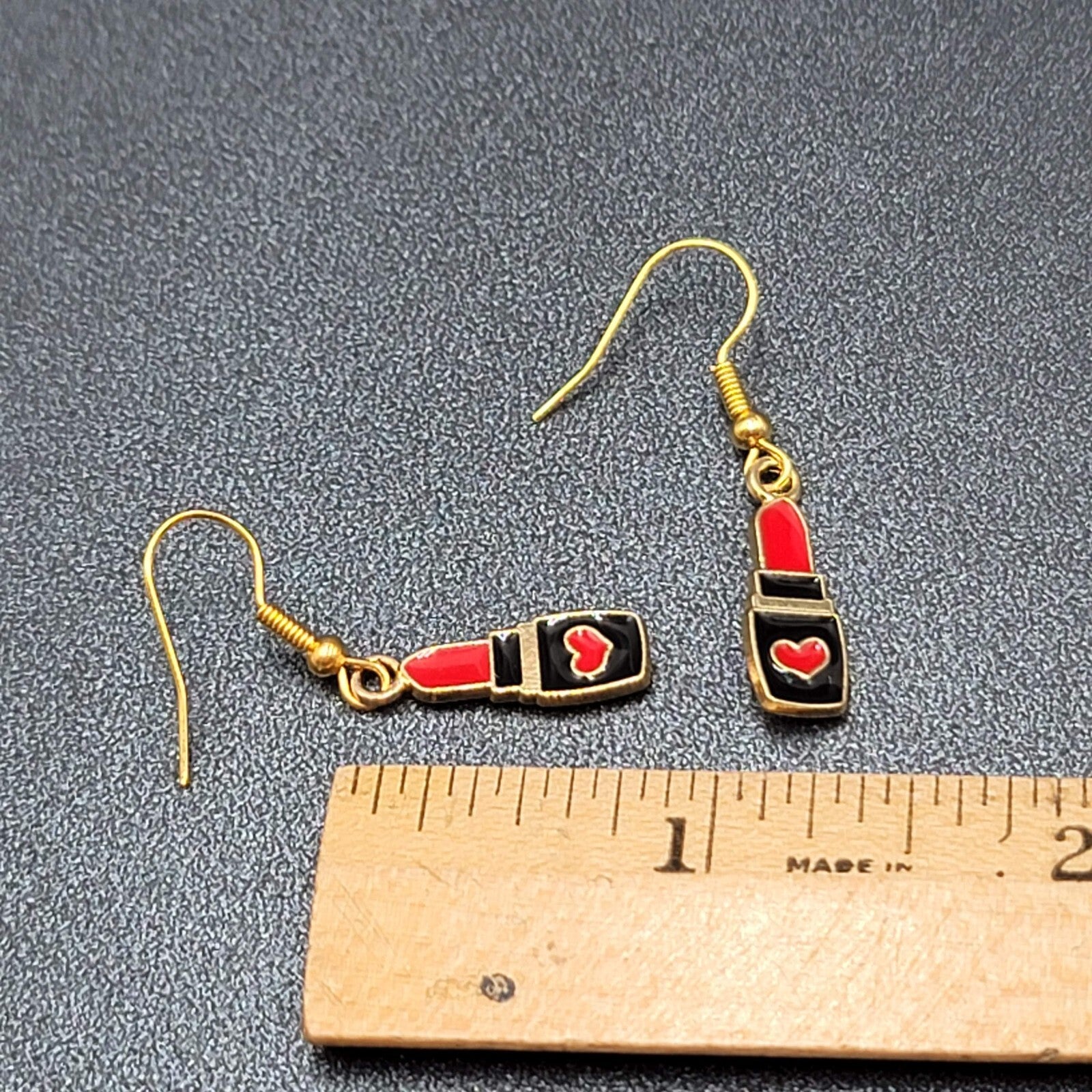 Lipstick Pierced Earrings Gold tone Red Heart Black Enamel Dangle 3/4"