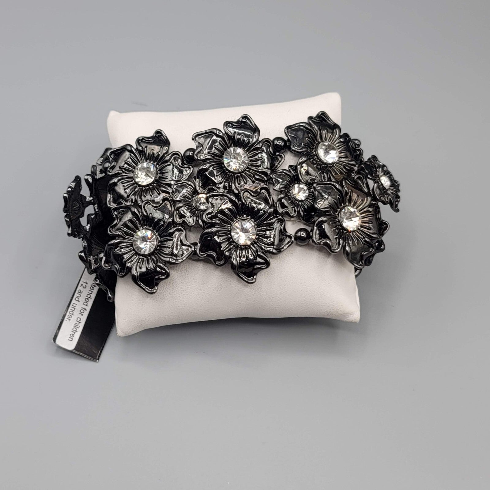 Birch Hill Bracelet Black Metal Flowers Clear Rhinestones Wide Elastic