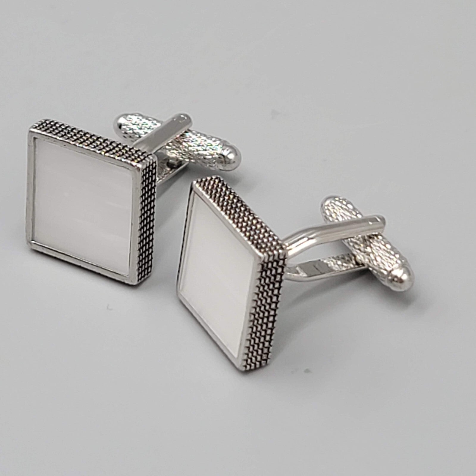 Vintage Selenite Mens Cufflinks Silver tone Square Mens Estate Jewelry 5/8"