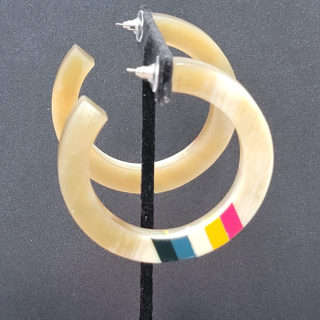 Pierced Earrings Resin Faux Horn Hoops Hand Painted 2 3/8"