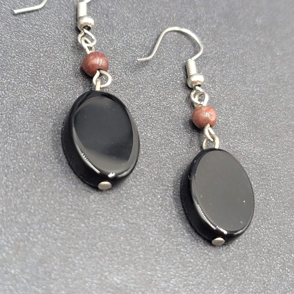 Pierced Earrings Silver tone Black Glass Oval Bead Dangle 1.25"