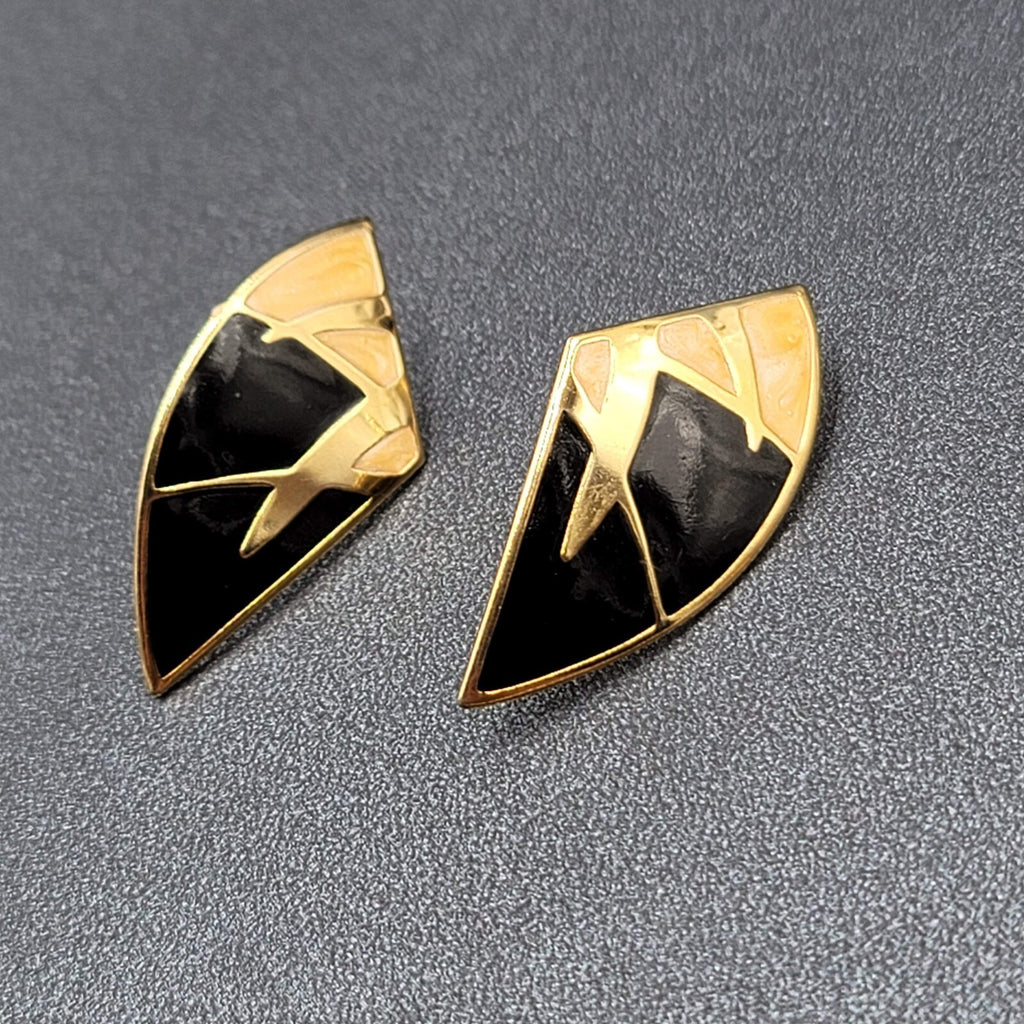 Vintage Pierced Earrings Goldtone Black Beige Enamel Statement Drop 1 3/8"