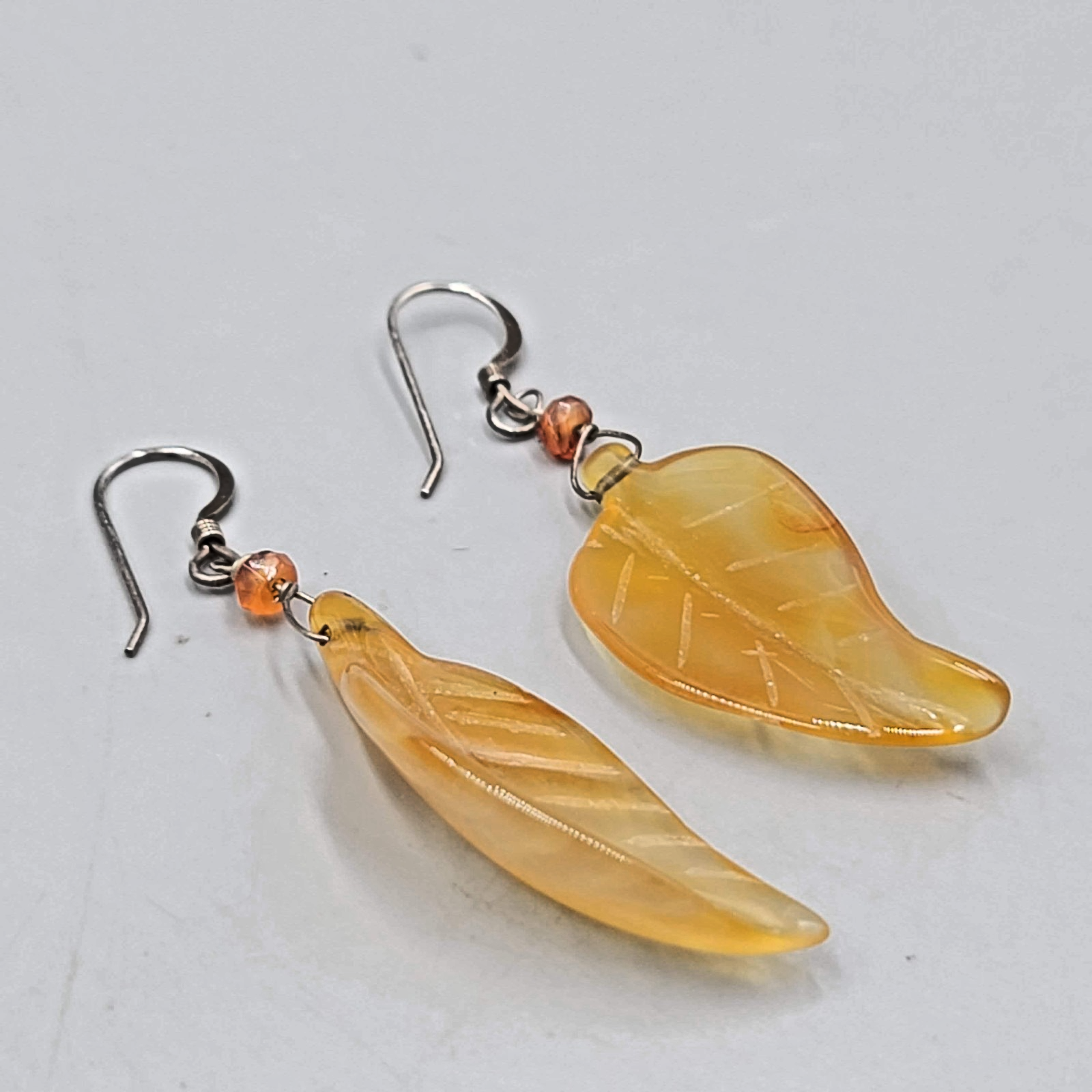 Sterling Silver Carved Agate Leaf Pierced Earrings Dangle 1.75"