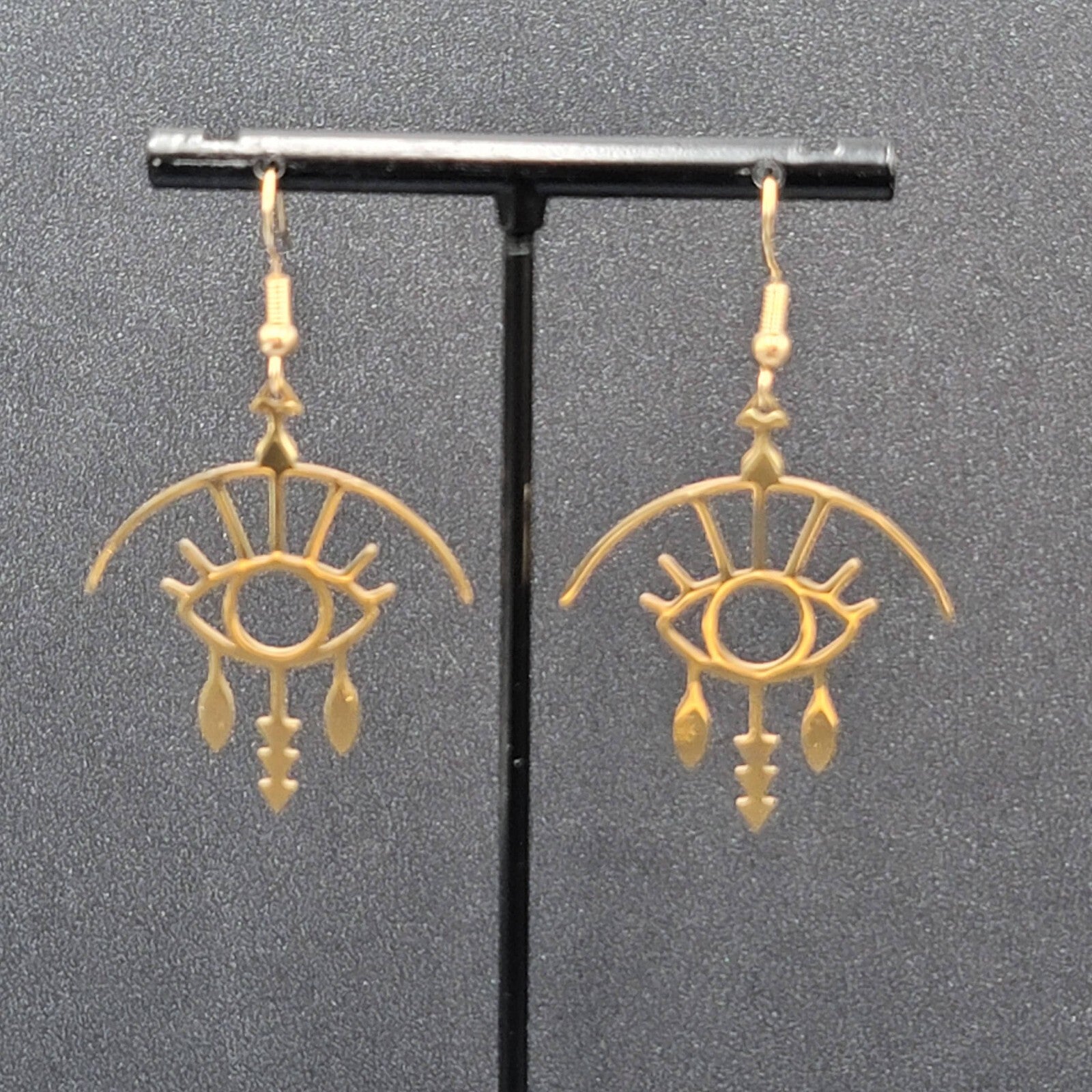 Evil Eye Pierced Earrings Crying Art Gold Plated Statement Dangle New 1.5"