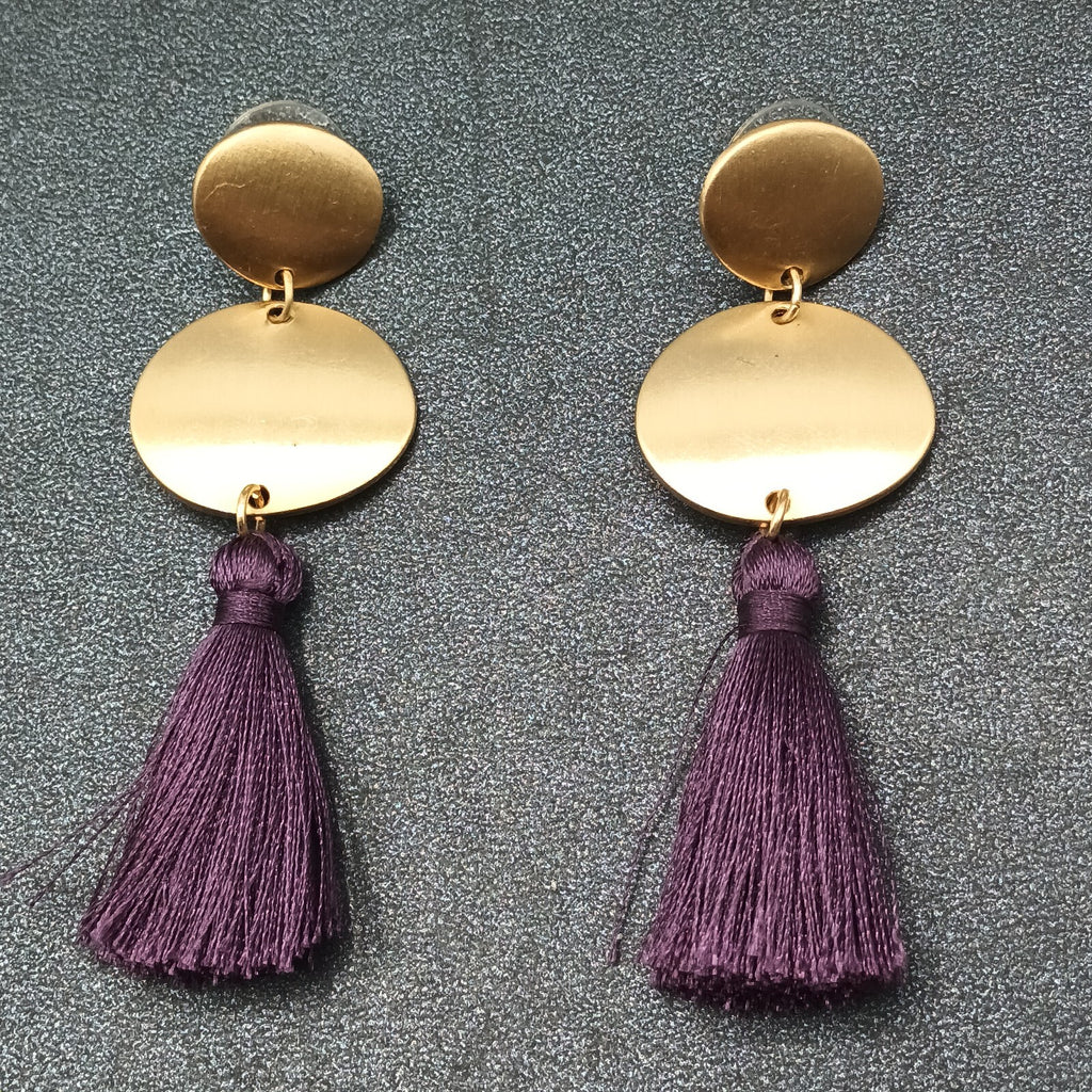 Pierced Earrings Gold tone Purple Tassel Statement Dangle 2 5/8"