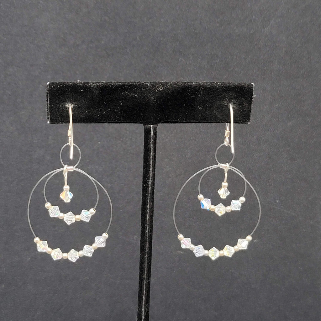 Pierced Earrings Floating Bicone AB Crystal Bead Dangle Hoops 1.75"