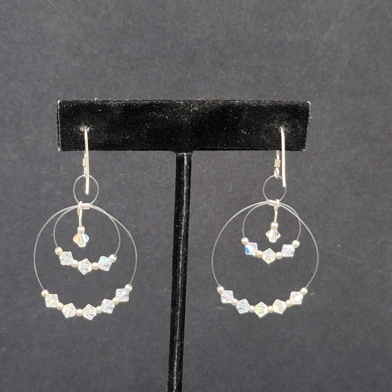 Pierced Earrings Floating Bicone AB Crystal Bead Dangle Hoops 1.75"