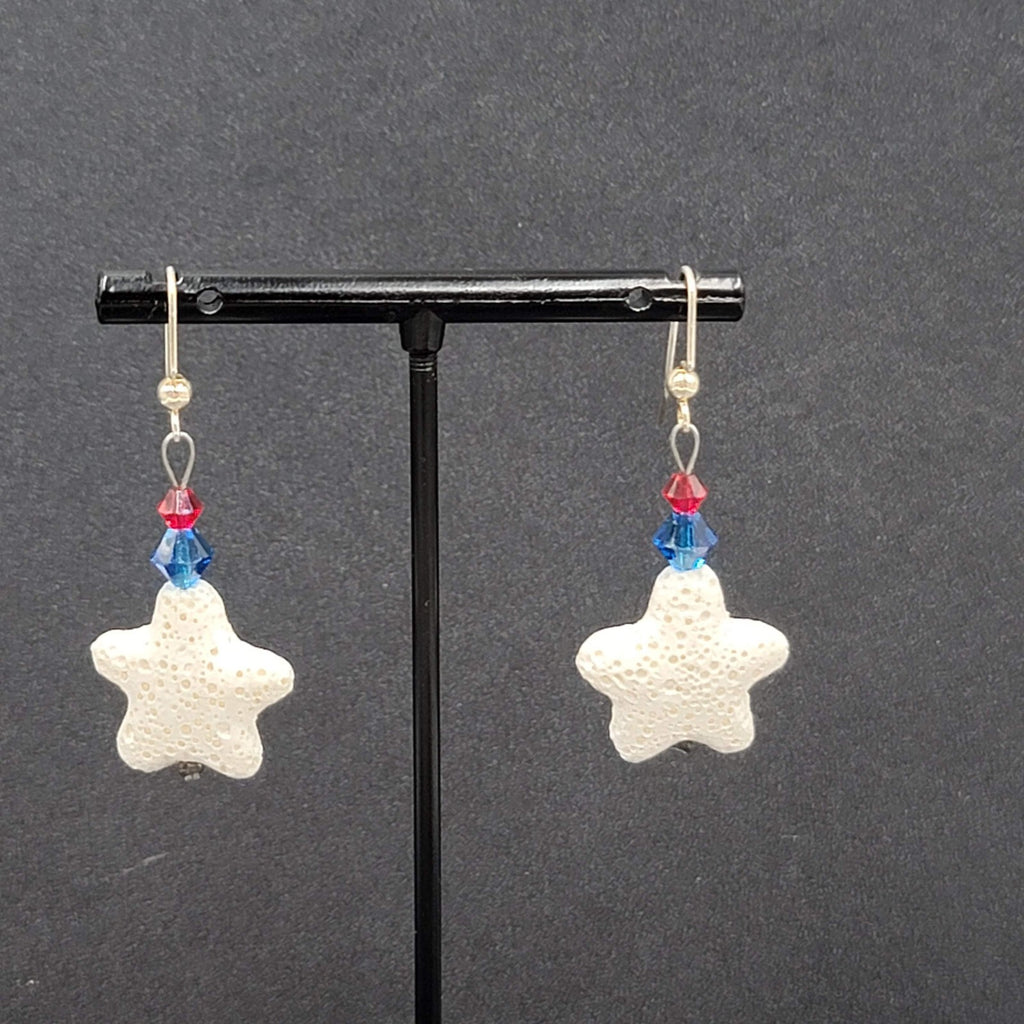 Pierced Earrings Silver tone Crystal Bead Starfish Dangle 1.5"
