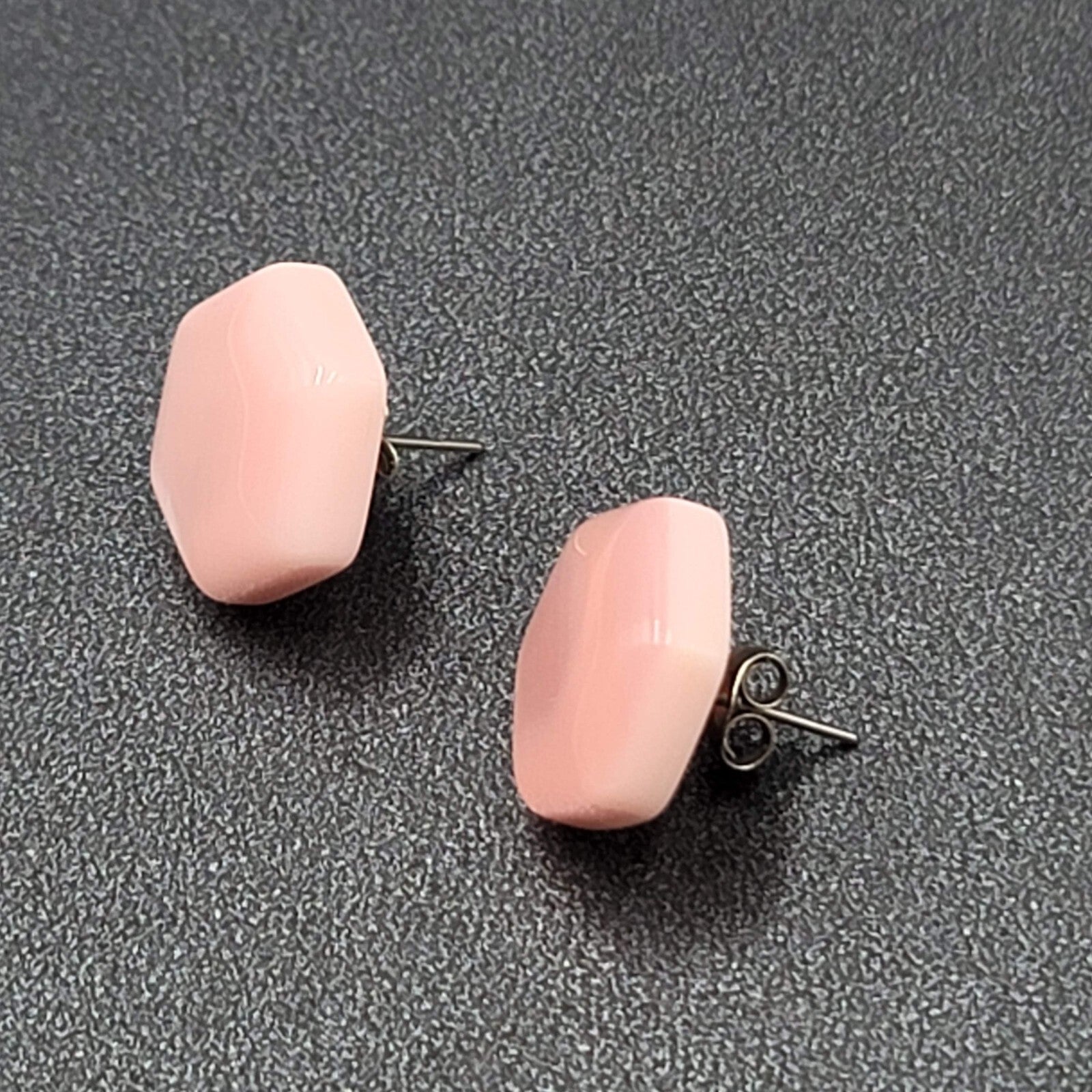 Vintage Pierced Earrings Pink Hexagon Pearlescent Studs 5/8"