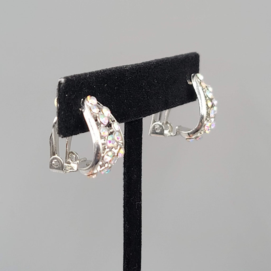 Clip on Earrings Silver tone AB Rhinestones Half Hoop Drop  3/4"